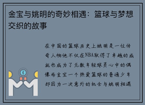金宝与姚明的奇妙相遇：篮球与梦想交织的故事